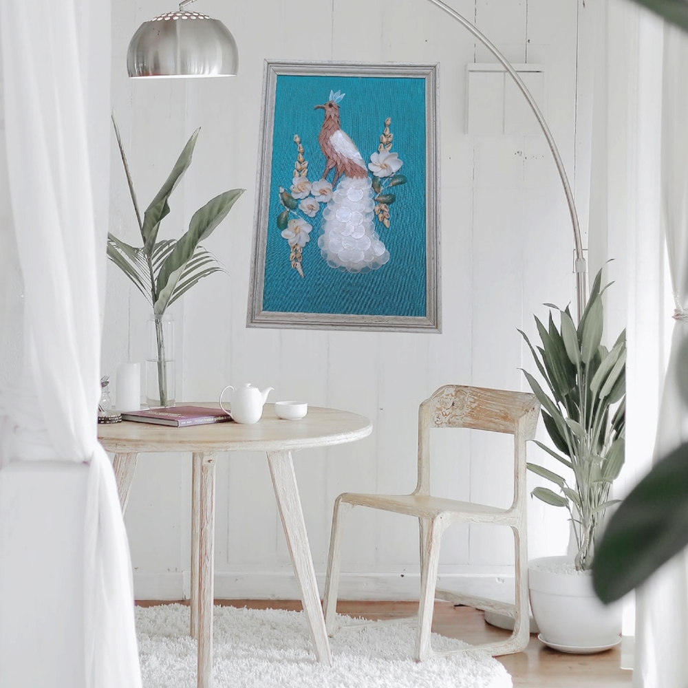 Vintage 60s Peacock Seashell Boho Art Decor with Light Wooden Frame